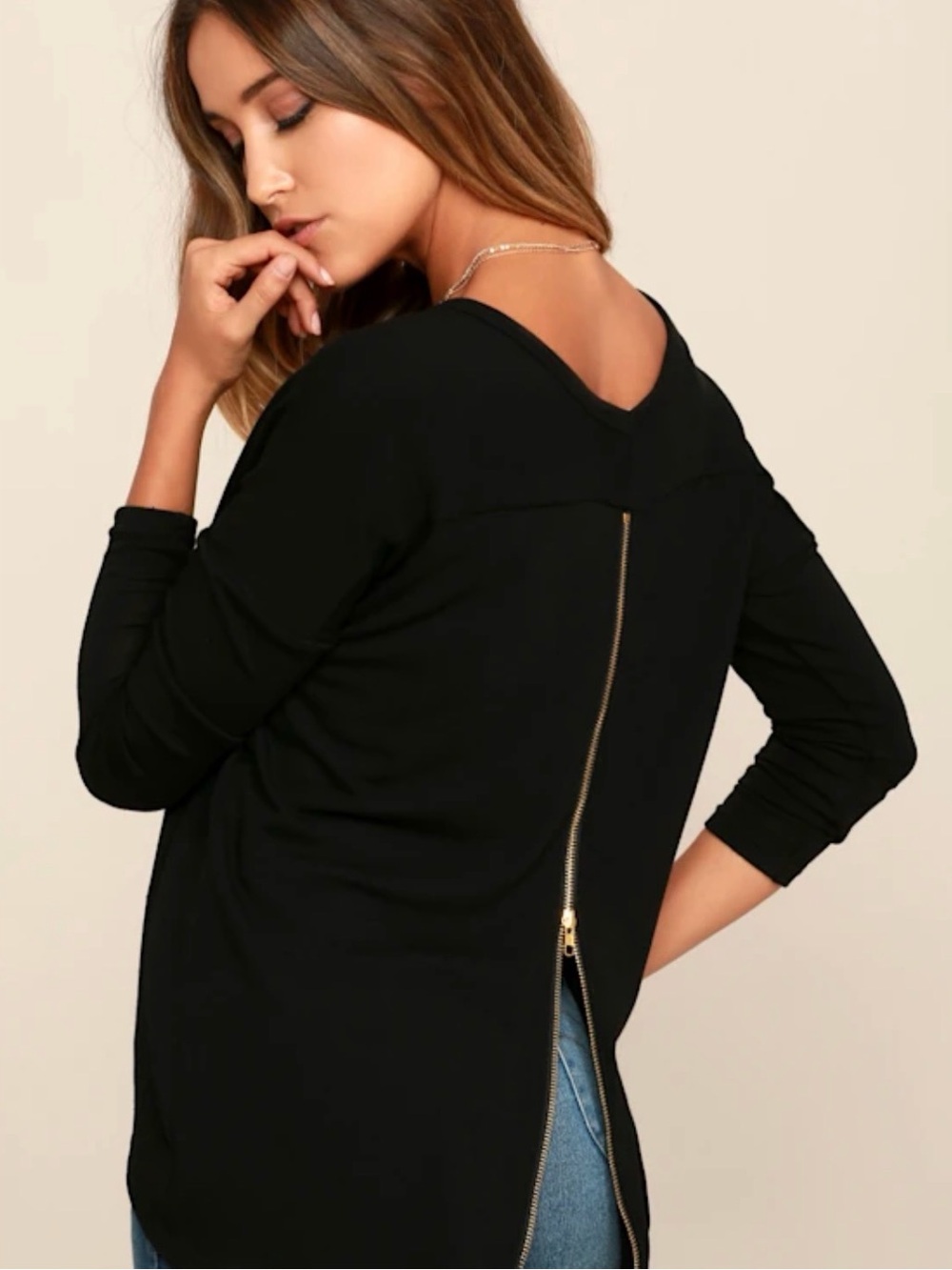 Lulu's Black Long-Sleeve Top with Gold Back Zip Detail